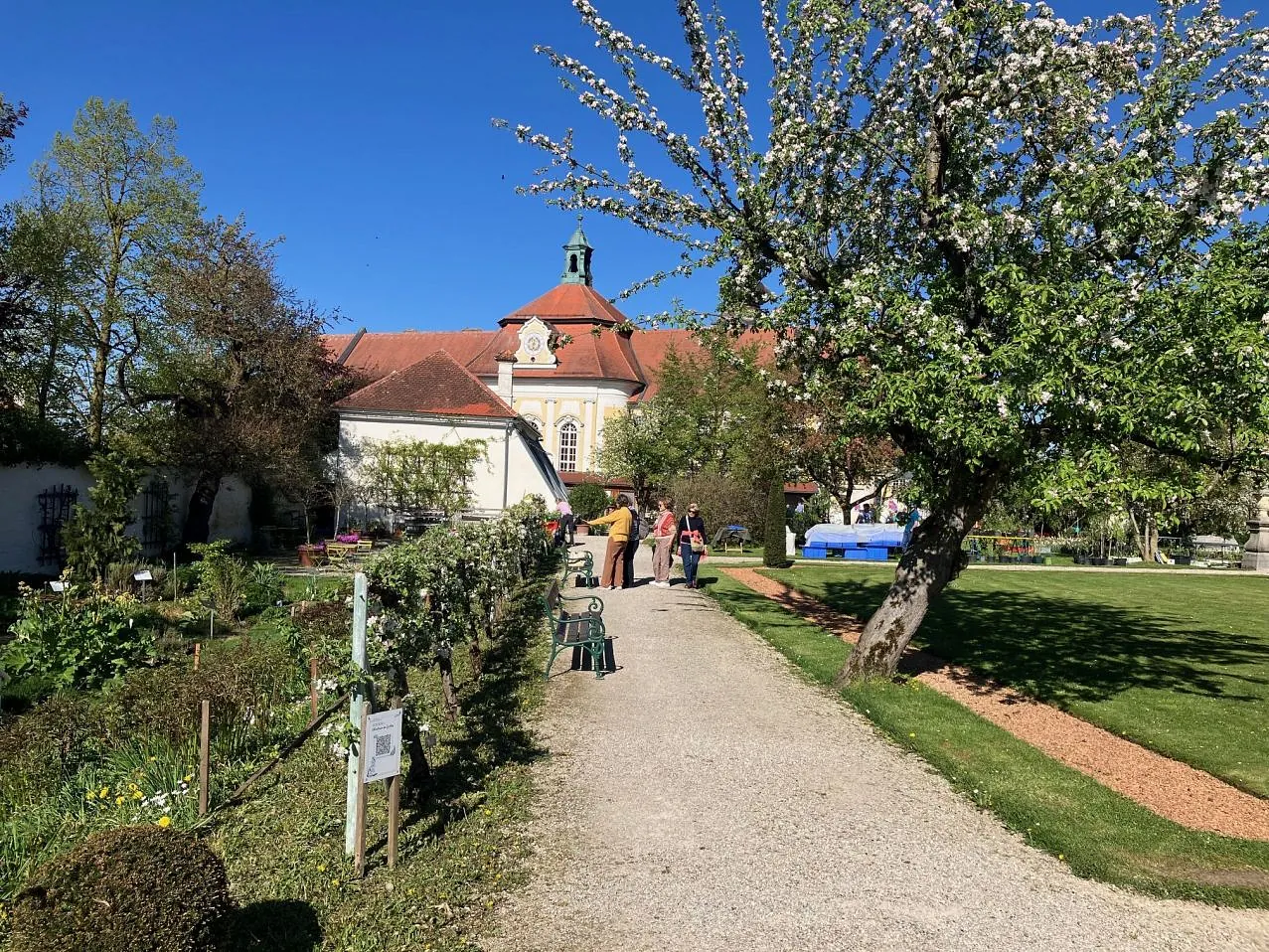 Ein Weg führt zwischen Gärten und blühenden Birnbäumen zu einem Klostergebäude.